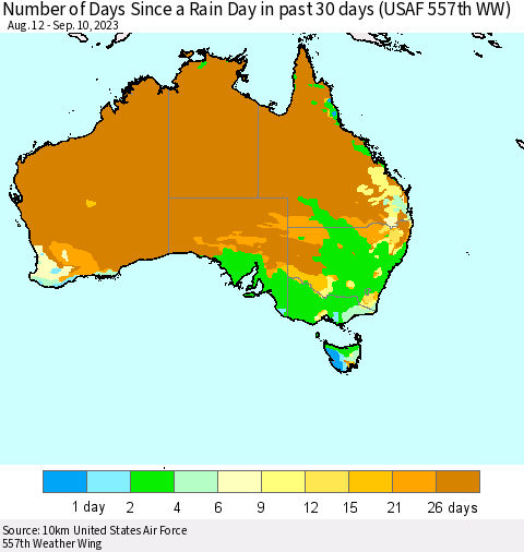 Australia Number of Days Since a Rain Day in past 30 days (USAF 557th WW) Thematic Map For 9/6/2023 - 9/10/2023