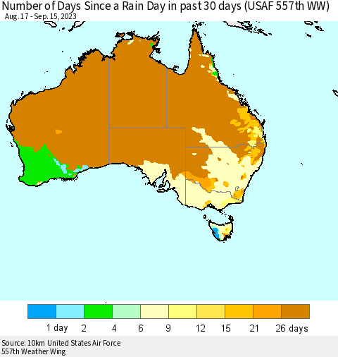 Australia Number of Days Since a Rain Day in past 30 days (USAF 557th WW) Thematic Map For 9/11/2023 - 9/15/2023
