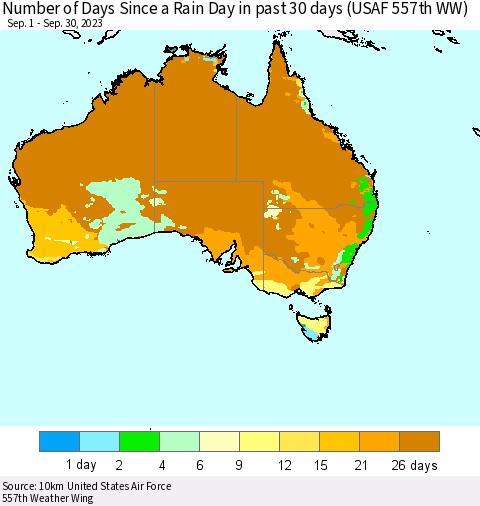 Australia Number of Days Since a Rain Day in past 30 days (USAF 557th WW) Thematic Map For 9/26/2023 - 9/30/2023