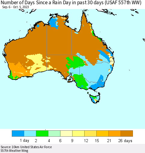 Australia Number of Days Since a Rain Day in past 30 days (USAF 557th WW) Thematic Map For 10/1/2023 - 10/5/2023
