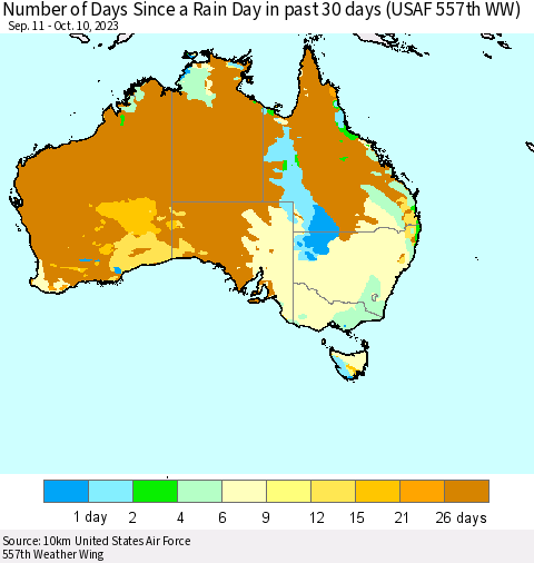Australia Number of Days Since a Rain Day in past 30 days (USAF 557th WW) Thematic Map For 10/6/2023 - 10/10/2023