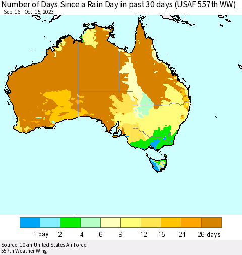 Australia Number of Days Since a Rain Day in past 30 days (USAF 557th WW) Thematic Map For 10/11/2023 - 10/15/2023