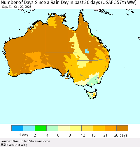 Australia Number of Days Since a Rain Day in past 30 days (USAF 557th WW) Thematic Map For 10/16/2023 - 10/20/2023