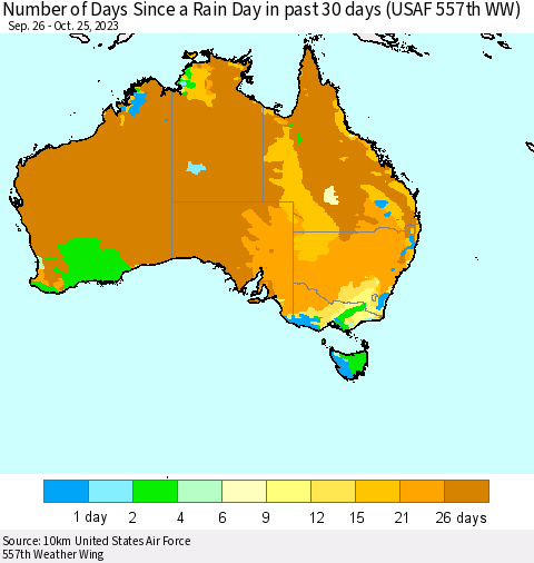 Australia Number of Days Since a Rain Day in past 30 days (USAF 557th WW) Thematic Map For 10/21/2023 - 10/25/2023