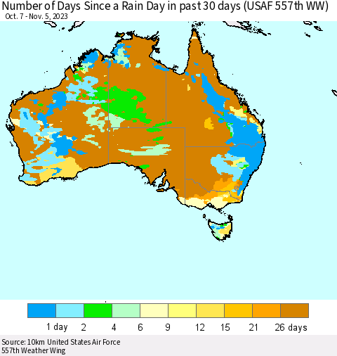 Australia Number of Days Since a Rain Day in past 30 days (USAF 557th WW) Thematic Map For 11/1/2023 - 11/5/2023