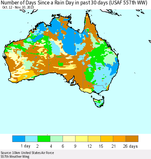 Australia Number of Days Since a Rain Day in past 30 days (USAF 557th WW) Thematic Map For 11/6/2023 - 11/10/2023