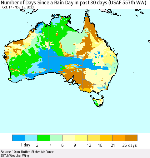 Australia Number of Days Since a Rain Day in past 30 days (USAF 557th WW) Thematic Map For 11/11/2023 - 11/15/2023