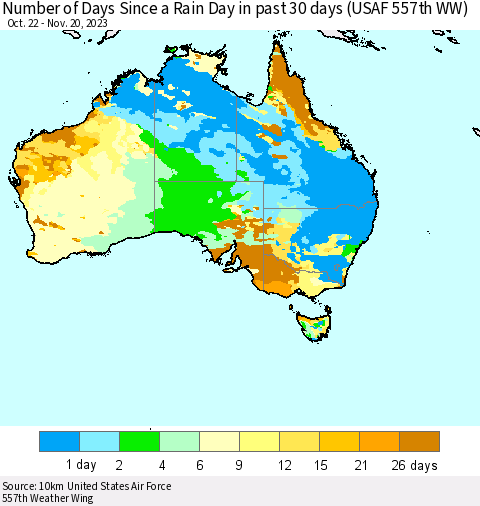 Australia Number of Days Since a Rain Day in past 30 days (USAF 557th WW) Thematic Map For 11/16/2023 - 11/20/2023