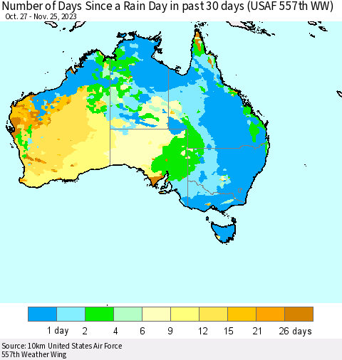 Australia Number of Days Since a Rain Day in past 30 days (USAF 557th WW) Thematic Map For 11/21/2023 - 11/25/2023