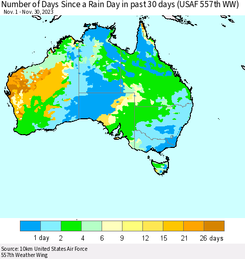 Australia Number of Days Since a Rain Day in past 30 days (USAF 557th WW) Thematic Map For 11/26/2023 - 11/30/2023