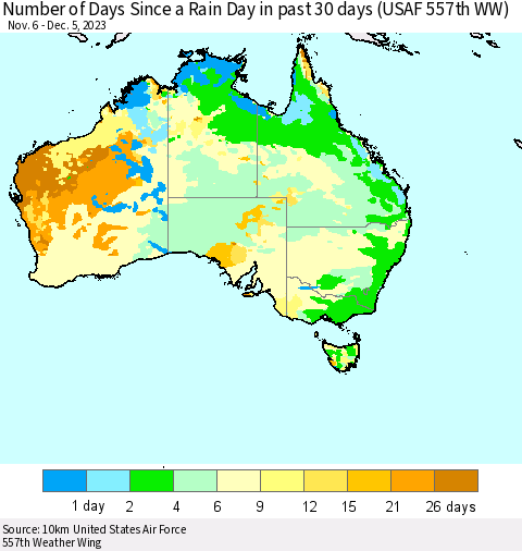 Australia Number of Days Since a Rain Day in past 30 days (USAF 557th WW) Thematic Map For 12/1/2023 - 12/5/2023