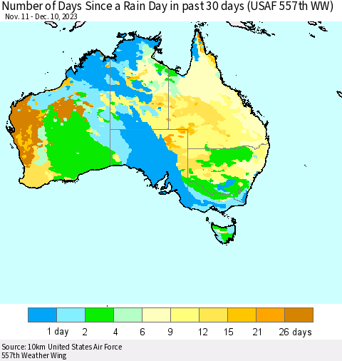 Australia Number of Days Since a Rain Day in past 30 days (USAF 557th WW) Thematic Map For 12/6/2023 - 12/10/2023