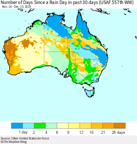 Australia Number of Days Since a Rain Day in past 30 days (USAF 557th WW) Thematic Map For 12/11/2023 - 12/15/2023