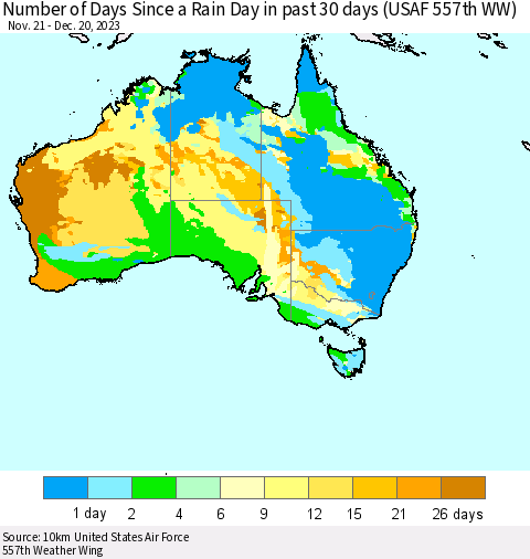 Australia Number of Days Since a Rain Day in past 30 days (USAF 557th WW) Thematic Map For 12/16/2023 - 12/20/2023