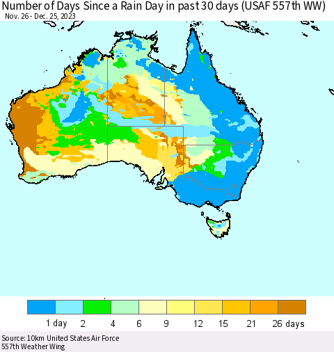 Australia Number of Days Since a Rain Day in past 30 days (USAF 557th WW) Thematic Map For 12/21/2023 - 12/25/2023