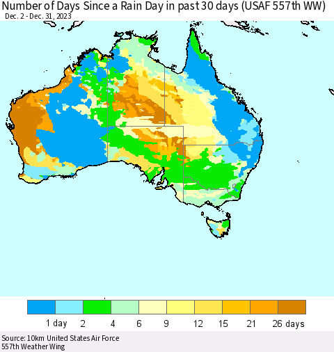 Australia Number of Days Since a Rain Day in past 30 days (USAF 557th WW) Thematic Map For 12/26/2023 - 12/31/2023