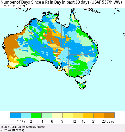 Australia Number of Days Since a Rain Day in past 30 days (USAF 557th WW) Thematic Map For 1/1/2024 - 1/5/2024