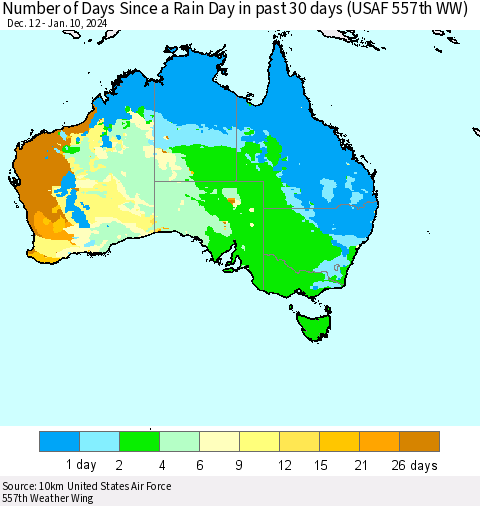 Australia Number of Days Since a Rain Day in past 30 days (USAF 557th WW) Thematic Map For 1/6/2024 - 1/10/2024