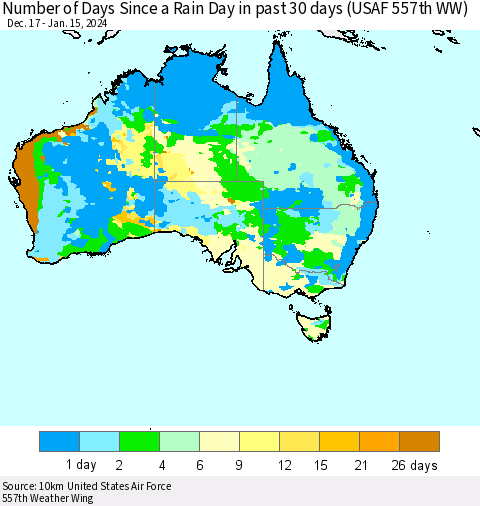 Australia Number of Days Since a Rain Day in past 30 days (USAF 557th WW) Thematic Map For 1/11/2024 - 1/15/2024