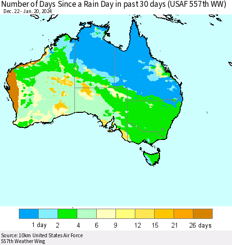 Australia Number of Days Since a Rain Day in past 30 days (USAF 557th WW) Thematic Map For 1/16/2024 - 1/20/2024