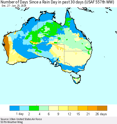 Australia Number of Days Since a Rain Day in past 30 days (USAF 557th WW) Thematic Map For 1/21/2024 - 1/25/2024