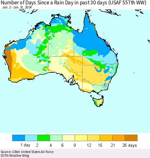 Australia Number of Days Since a Rain Day in past 30 days (USAF 557th WW) Thematic Map For 1/26/2024 - 1/31/2024