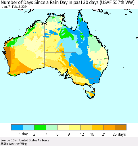 Australia Number of Days Since a Rain Day in past 30 days (USAF 557th WW) Thematic Map For 2/1/2024 - 2/5/2024