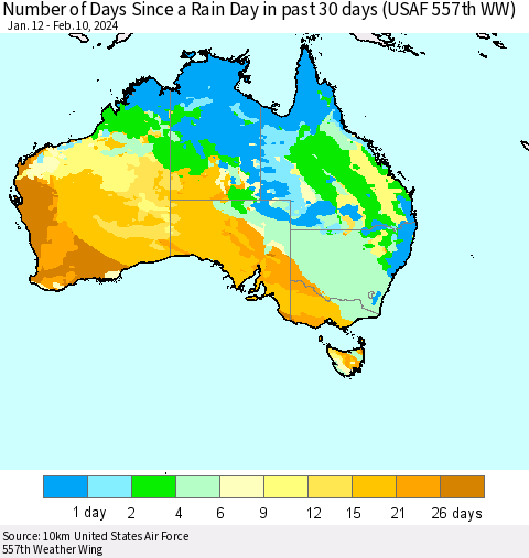 Australia Number of Days Since a Rain Day in past 30 days (USAF 557th WW) Thematic Map For 2/6/2024 - 2/10/2024
