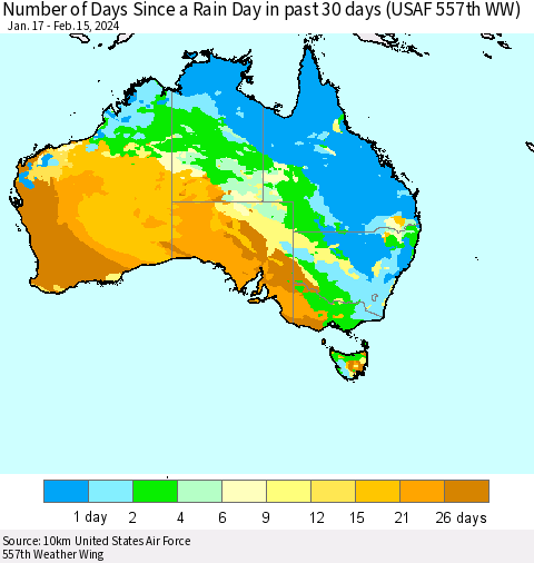 Australia Number of Days Since a Rain Day in past 30 days (USAF 557th WW) Thematic Map For 2/11/2024 - 2/15/2024