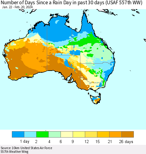 Australia Number of Days Since a Rain Day in past 30 days (USAF 557th WW) Thematic Map For 2/16/2024 - 2/20/2024