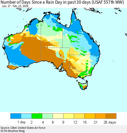 Australia Number of Days Since a Rain Day in past 30 days (USAF 557th WW) Thematic Map For 2/21/2024 - 2/25/2024
