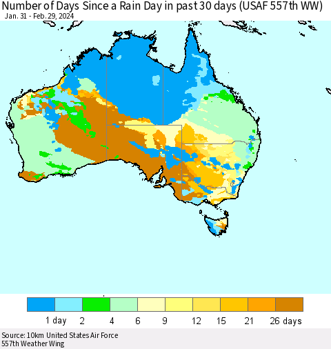 Australia Number of Days Since a Rain Day in past 30 days (USAF 557th WW) Thematic Map For 2/26/2024 - 2/29/2024