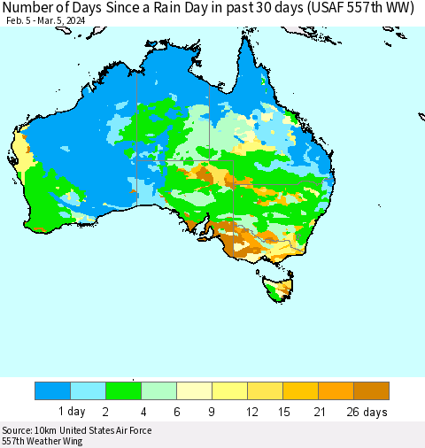 Australia Number of Days Since a Rain Day in past 30 days (USAF 557th WW) Thematic Map For 3/1/2024 - 3/5/2024
