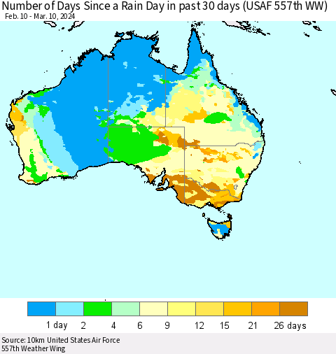 Australia Number of Days Since a Rain Day in past 30 days (USAF 557th WW) Thematic Map For 3/6/2024 - 3/10/2024
