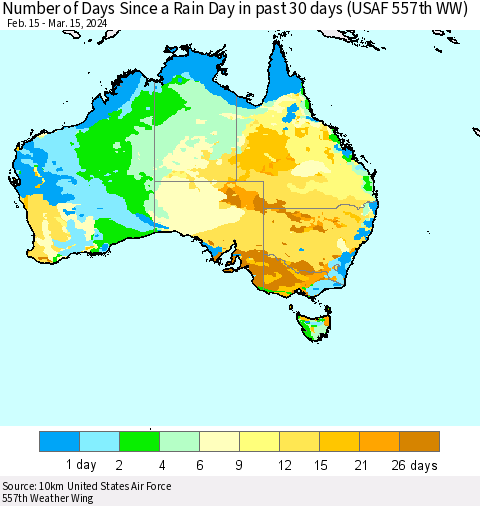 Australia Number of Days Since a Rain Day in past 30 days (USAF 557th WW) Thematic Map For 3/11/2024 - 3/15/2024