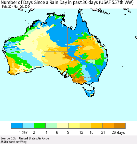 Australia Number of Days Since a Rain Day in past 30 days (USAF 557th WW) Thematic Map For 3/16/2024 - 3/20/2024