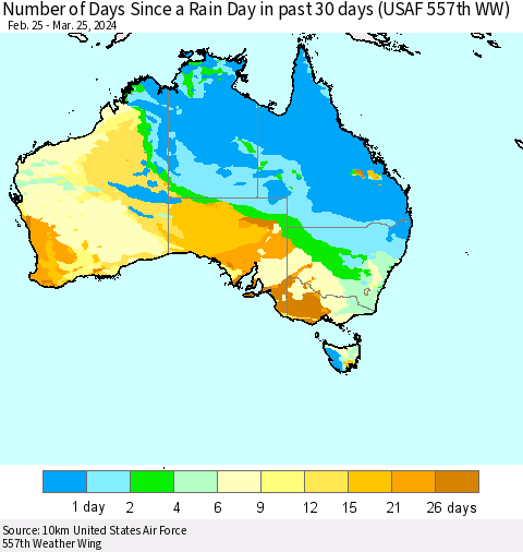 Australia Number of Days Since a Rain Day in past 30 days (USAF 557th WW) Thematic Map For 3/21/2024 - 3/25/2024