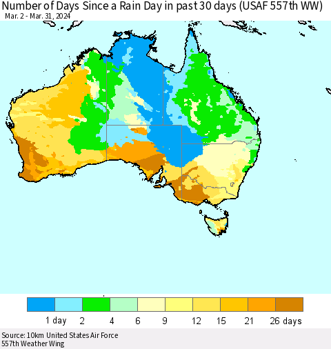 Australia Number of Days Since a Rain Day in past 30 days (USAF 557th WW) Thematic Map For 3/26/2024 - 3/31/2024
