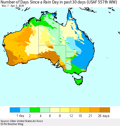 Australia Number of Days Since a Rain Day in past 30 days (USAF 557th WW) Thematic Map For 4/1/2024 - 4/5/2024