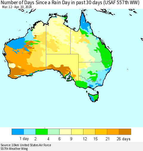 Australia Number of Days Since a Rain Day in past 30 days (USAF 557th WW) Thematic Map For 4/6/2024 - 4/10/2024