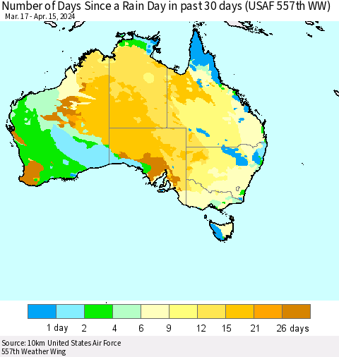 Australia Number of Days Since a Rain Day in past 30 days (USAF 557th WW) Thematic Map For 4/11/2024 - 4/15/2024