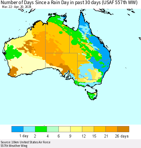 Australia Number of Days Since a Rain Day in past 30 days (USAF 557th WW) Thematic Map For 4/16/2024 - 4/20/2024