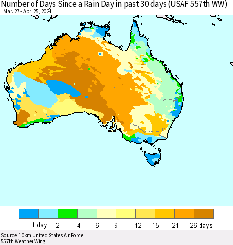 Australia Number of Days Since a Rain Day in past 30 days (USAF 557th WW) Thematic Map For 4/21/2024 - 4/25/2024