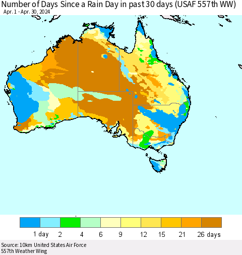 Australia Number of Days Since a Rain Day in past 30 days (USAF 557th WW) Thematic Map For 4/26/2024 - 4/30/2024