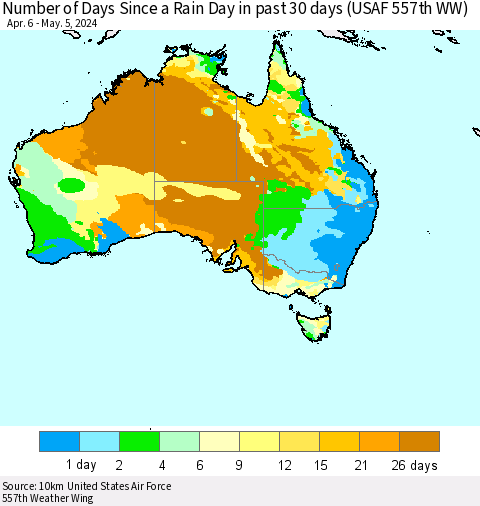 Australia Number of Days Since a Rain Day in past 30 days (USAF 557th WW) Thematic Map For 5/1/2024 - 5/5/2024