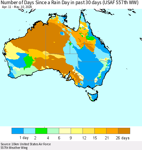 Australia Number of Days Since a Rain Day in past 30 days (USAF 557th WW) Thematic Map For 5/6/2024 - 5/10/2024