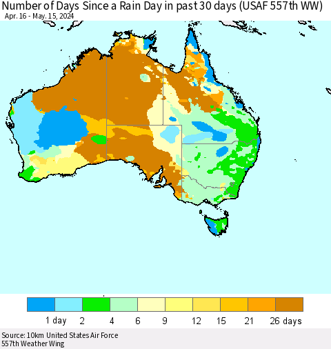 Australia Number of Days Since a Rain Day in past 30 days (USAF 557th WW) Thematic Map For 5/11/2024 - 5/15/2024