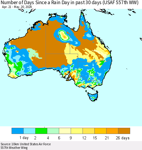 Australia Number of Days Since a Rain Day in past 30 days (USAF 557th WW) Thematic Map For 5/16/2024 - 5/20/2024