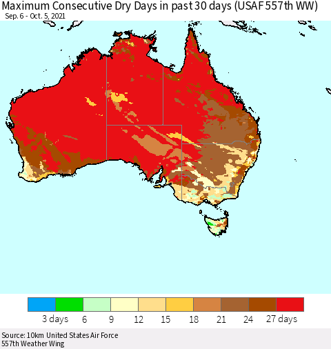 Australia Maximum Consecutive Dry Days in past 30 days (USAF 557th WW) 10/05/2021 Thematic Map For 10/1/2021 - 10/5/2021