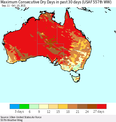 Australia Maximum Consecutive Dry Days in past 30 days (USAF 557th WW) 10/10/2021 Thematic Map For 10/6/2021 - 10/10/2021